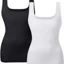 EUYZOU Women's Tummy Control Shapewear Tank Tops Seamless Square Neck Compression Tops Slimming Body Shaper Camisole (XX-Large, Black/White 2pk)