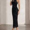 Women's Floral Ruched Bodycon Halter Dress Elegant Mesh Cut Out Midi Evening Party Dresses (Black, M)