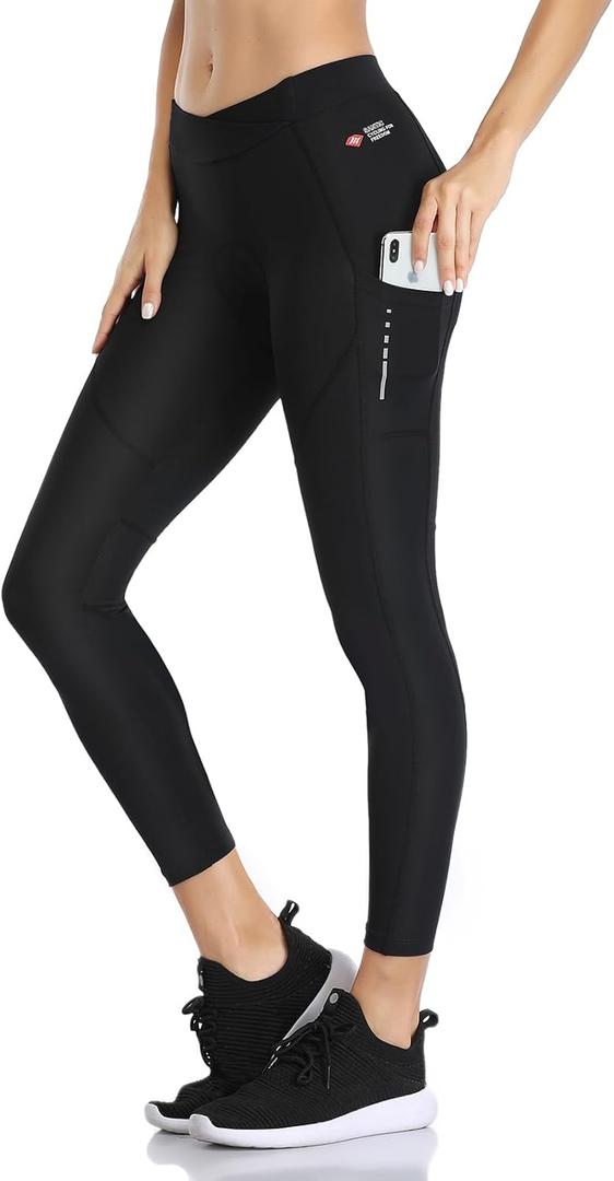 Santic Women's Cycling Pants High Waist 4D Padded Cycling Capris Shorts 3/4 Biking Tights Pockets (X-Large, Black-d021)