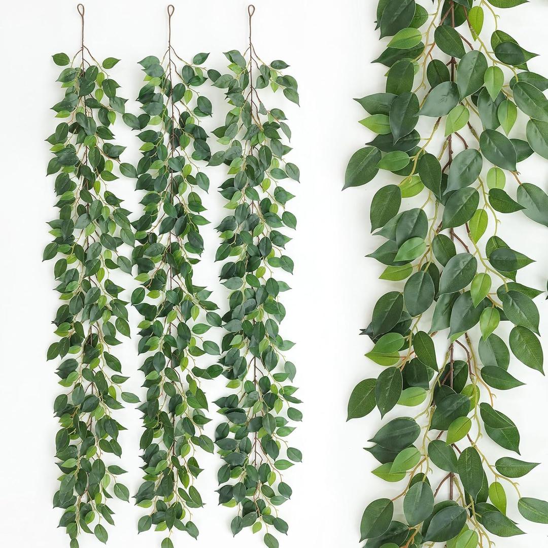 Mizii 3 Packs Artificial Vines Garland 42'' Fake Ficus Vine Greenery Garland Silk Green Leaves Decoration Faux Hanging Plants for Wedding Table Centerpieces Wall Room Decor (42in)