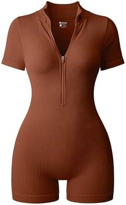 OQQ Women Rompers Ribbed Short Sleeve Zip Front Stretch Tummy Control Yoga Workout Rompers, Small