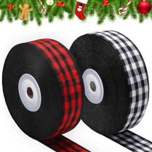 Boao 2 Rolls Christmas Buffalo Plaid Ribbon 1 Inch 30 Yard Red Black and White Black Checkered Wrapping Ribbon Wired Edge Burlap Gingham for Craft Wreath Christmas Tree Gift Decor