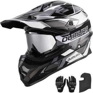 OUMURS DOT Adult ATV Dirt Bike Helmet with Goggles Gloves & Mask Adjustable Sun Visor Motorcycle Adults Helmet Off-Road Motocross Downhill Moped MX for Unisex-Adult-Victory Gray, XL