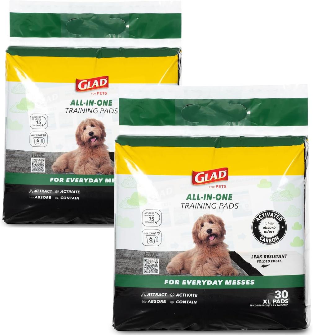 Glad for Pets JUMBO-SIZE Charcoal Puppy Pads, All-in-One | Black Training Pads That ABSORB & Neutralize Urine Instantly | New & Improved Quality Puppy Pee Pads, 30 Count - 2 Pack (28" x 30" - 60 Count)