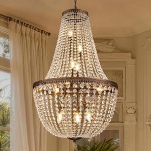 Wellmet French Empire Crystal Chandelier Farmhouse Antique Bronze Chandeliers Light Fixture, 10 Lights Adjustable Pendant Light for Dining Living Room, Bedroom, Entryway, Kitchen, Foyer, 25.4" W