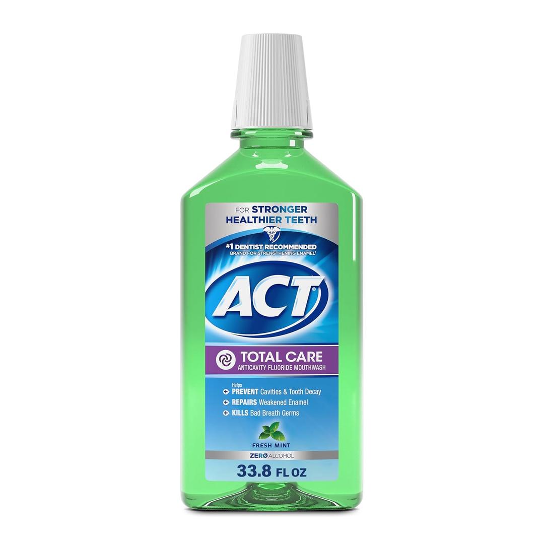 ACT Total Care Zero Alcohol Anticavity Fluoride Mouthwash 33.8 fl. oz. Fresh Mint, EXP 11/27