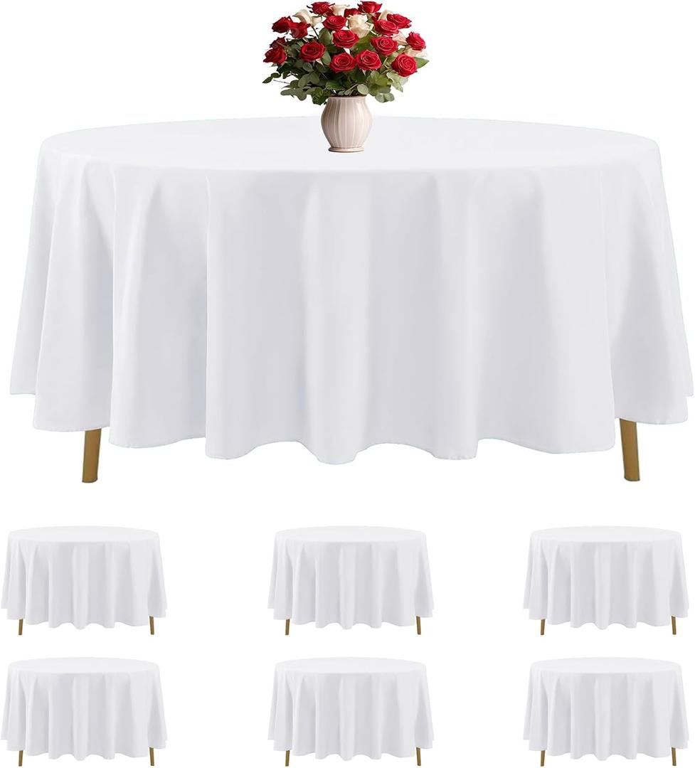 6 Pack White Round Tablecloths 108 Inches Table Cloth Stain and Wrinkle Resistant Washable Polyester Table Cover Fabric for Party, Wedding, Dining, and Banquet Decoration