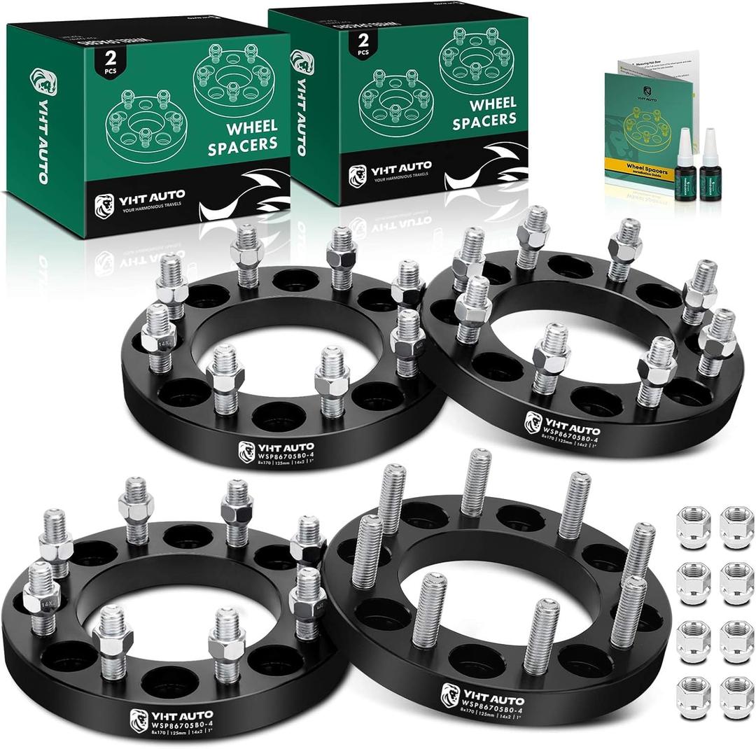 YHTAUTO 8x170mm Wheel Spacers 1 Inch Fits Ford F-250 Super Duty 1999-2002, Excursion 2000-2002 8 Lug Tire Spacers w/ M14x2 & 12.9 Grade Studs, 125mm Center Bore 4PCS Black Wheel Adapters
