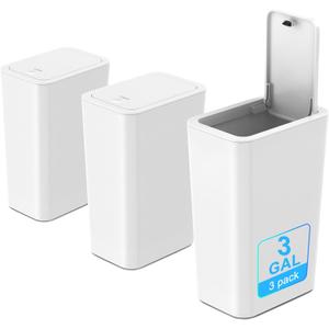 N. NETDOT 3 Pack 3 Gallon Small Trash Can with Lid, Bathroom Garbage Can with Pop-Up Lid, Waste Basket for Bathroom, Kitchen, Bedroom, Powder Room, Craft Room, Office, College (Off White)