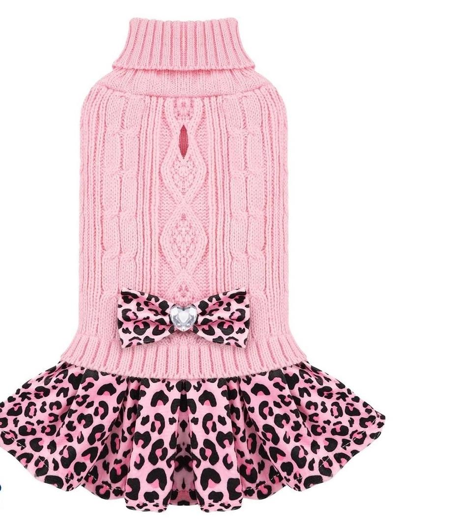 Valentines Small Dog Sweater Dress with Bowtie Turtleneck - Knitted Pet Girl, Small