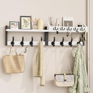 Evermagin 35" Coat Rack Wall Mount with Shelf, 4 in 1 Coat and Key Hanger with 13 Metal Hooks, Entryway Wall Mounted Shelf with Mail Holder for Living Room, Bedroom, White