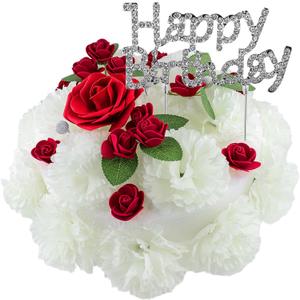 Cemetery Memorial Artificial Flower Cake - Elegant Ivory Carnations & Red Roses with Sparkling Happy Birthday Insert- Suitable for Grave Headstones Gravesite Decorations Sympathy Gifts