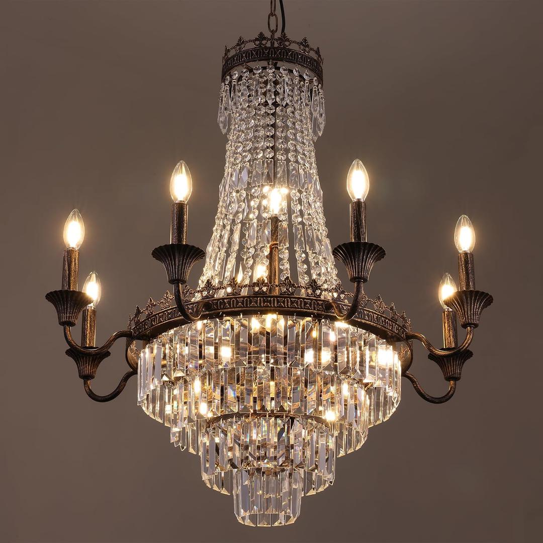 TOCHIC Crystal Chandelier for Dining Room, 30.4" D Vintage French Empire Chandelier for Living Room Farmhouse Chandeliers Ceiling Light for Bedroom, Antique Bronze Pendant Light Fixture for Kitchen
