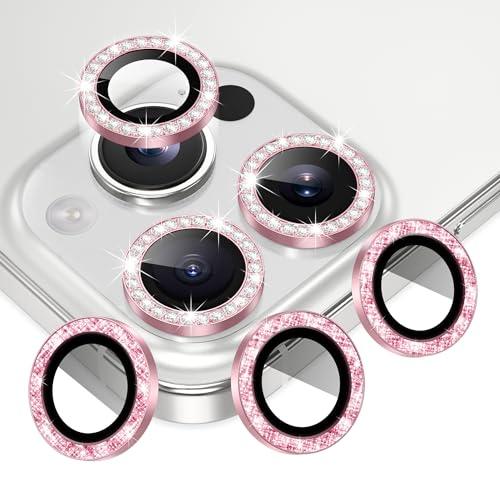 AGVEE 3+3 6 Pack for iPhone 16 Pro 6.3" / 16 Pro Max 6.9" Camera Lens Cover Protector, Bling Diamond & Bling Glitter Metal Ring 9H Tempered HD Glass Camera Cover Protector Film, Bling-Pink