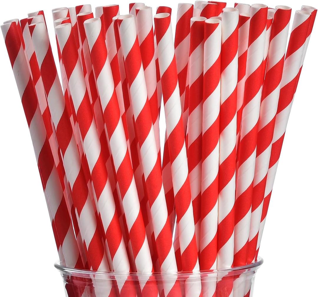 ALINK 100 Red Straws, Biodegradable Red and White Striped Paper Straws for Party, Events, Crafts, Brithday, Baby Bridal Shower, Christmas Decoration Supplies