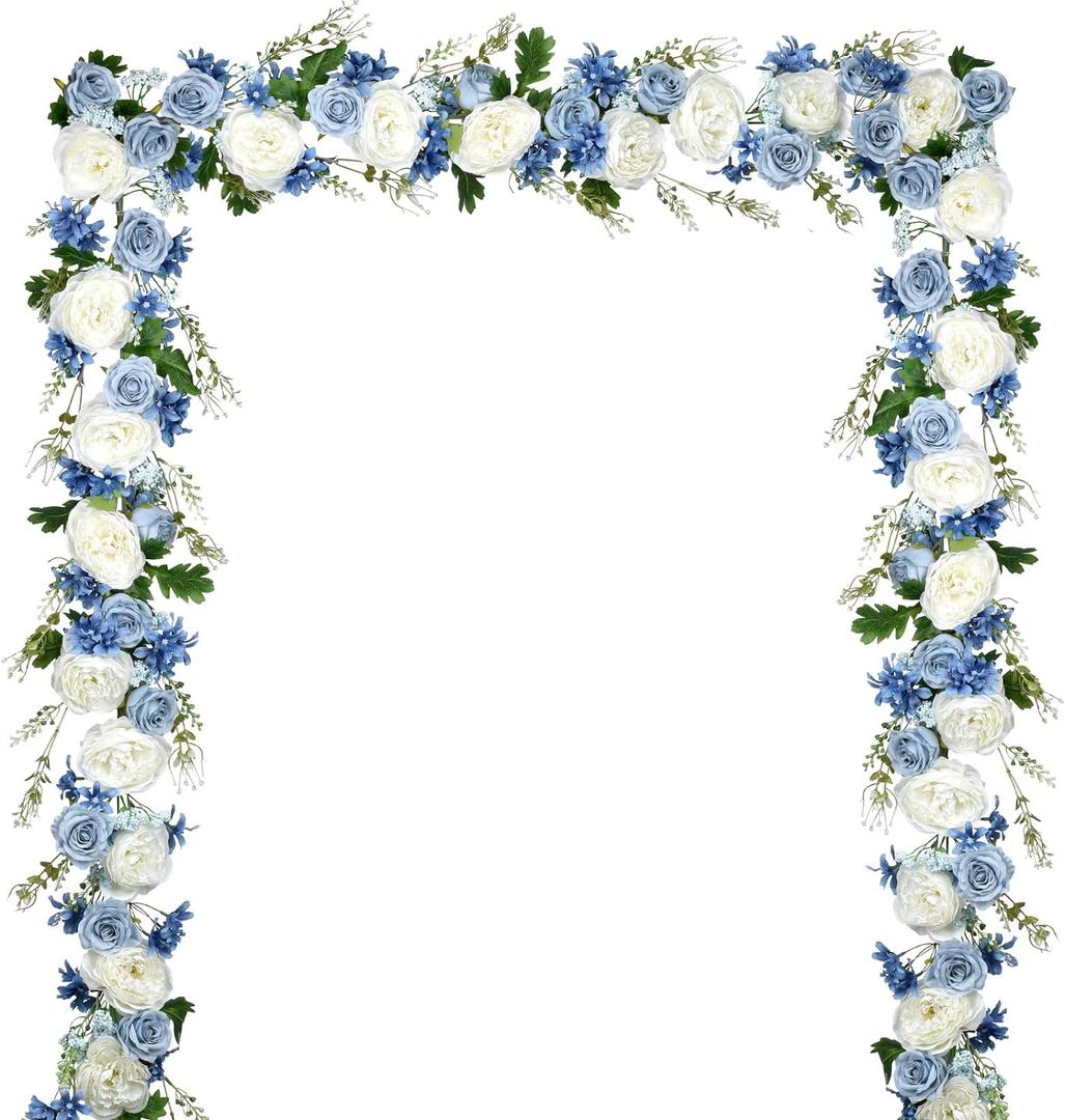 DearHouse 2Pcs Artificial Peony Flower Garland - Silk Peony Garland with Purple White Flowers for Wedding Party Table Decoration,6ft/Strand(White& Blue&Dark Blue)