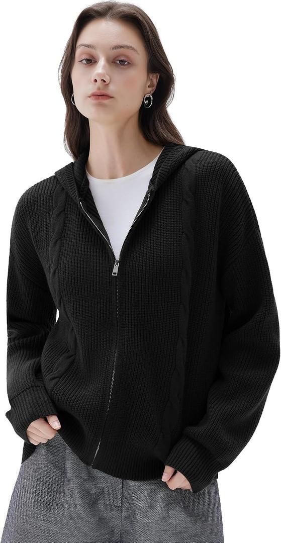 SUUKSESS Women Chunky Knit Cashmere Sweaters Zip up Oversized Hoodies Cardigan with Pockets Long Sleeve Fall Jackets Outerwear (Black, M)