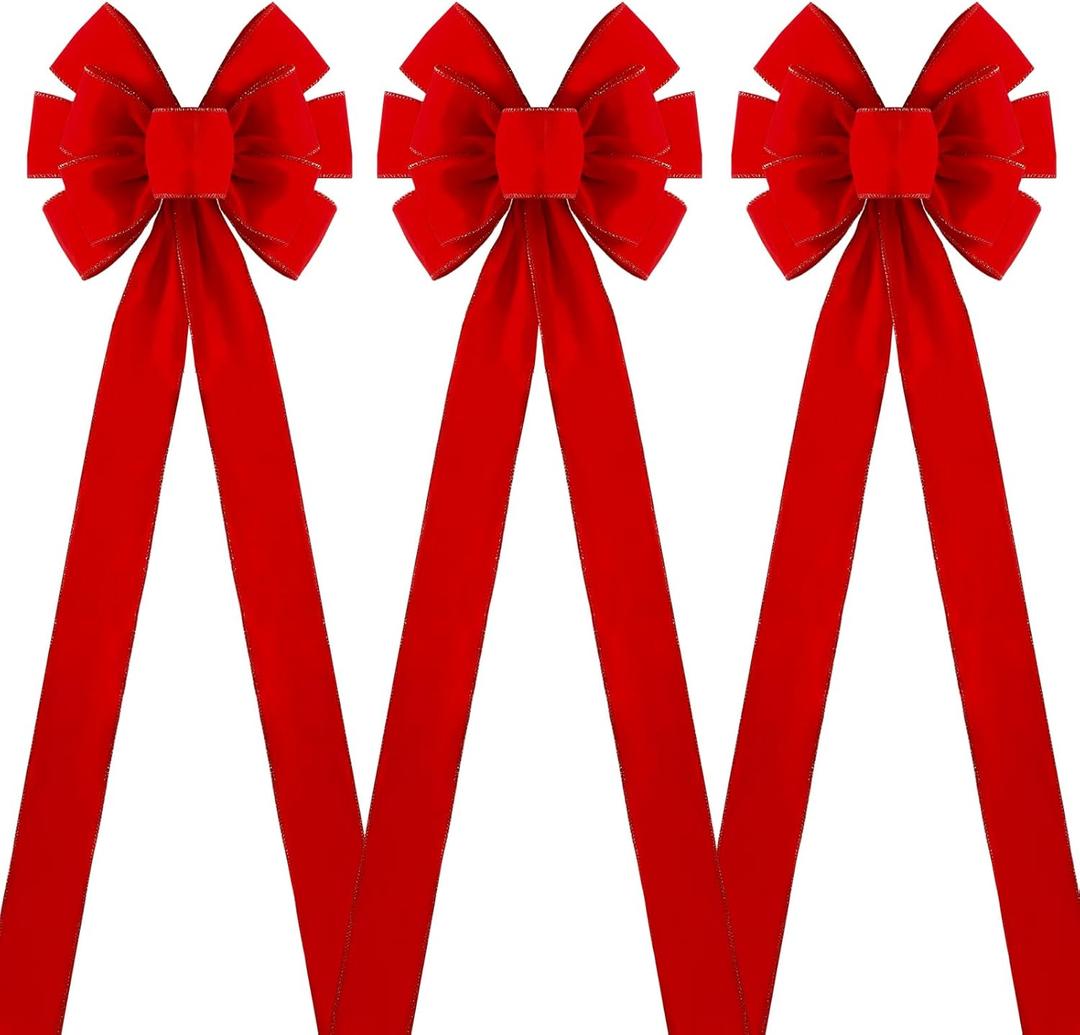 DIYDEC 3PCS Christmas Red Bows Decorations, 10 x 30 Inches Large Velvet Christmas Tree Wreaths Bows with Glitter Gold Edge for Xmas Home Fence Stairs Railing Fireplace Indoor Outdoor Front Door Decor