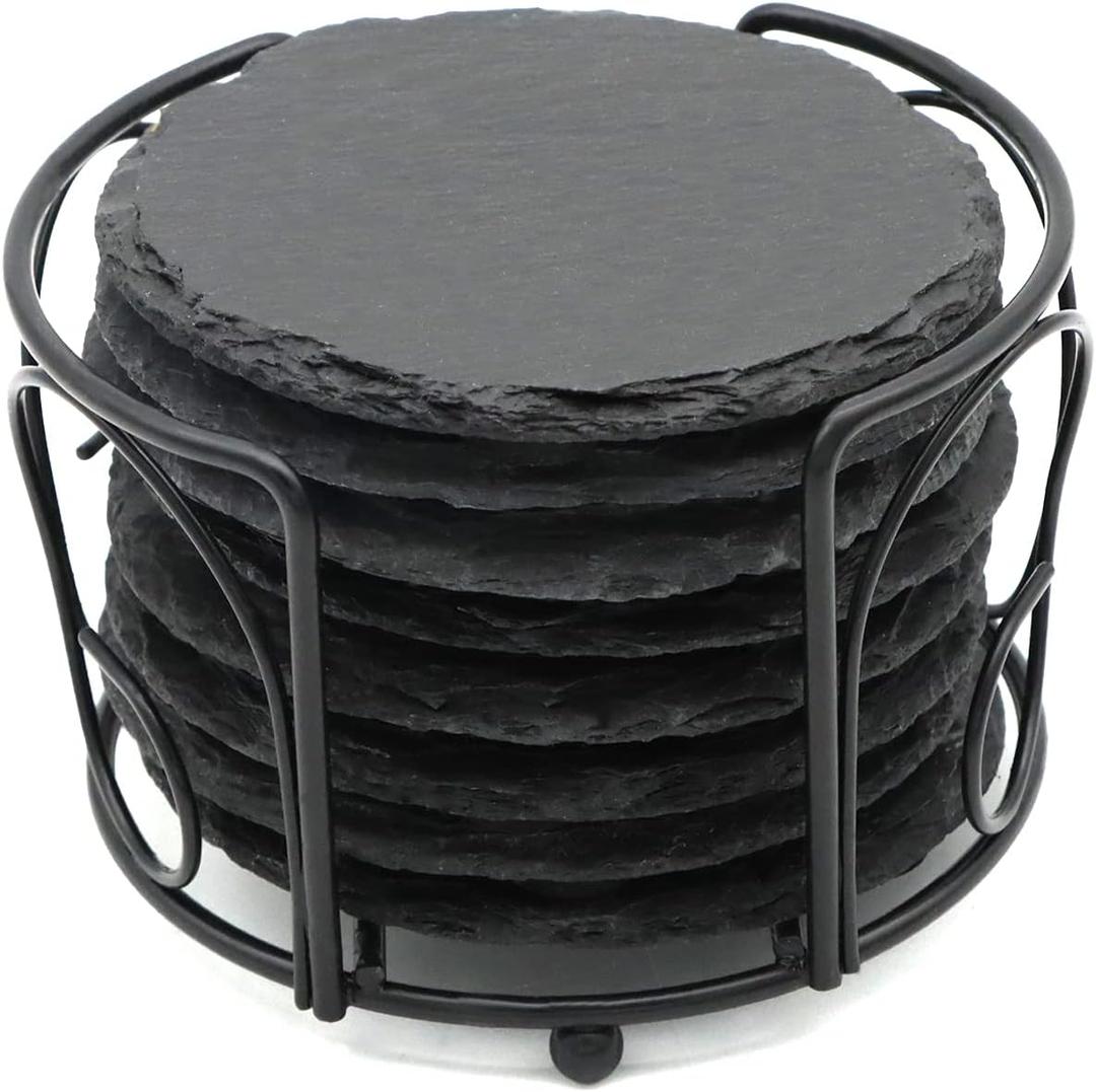 8 PCS Round Slate Drink Coasters Set, SIJDIEE 4 Inch Laser Engraving Black Slate Stone Coasters with Anti-Scratch Bottom and Coaster Holder for Office Bar Kitchen Home Dinner Table Decor Supplies