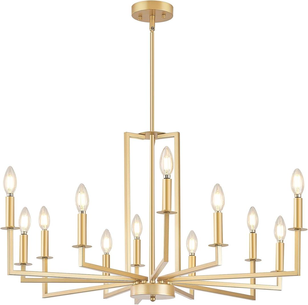 Modern Gold Chandelier, Farmhouse Candle Dining Room Chandeliers, Metal Hanging Pendant Light Fixture for Kitchen, Foyer, Bedroom, Living Room, Staircase, Entryway, 12-Light