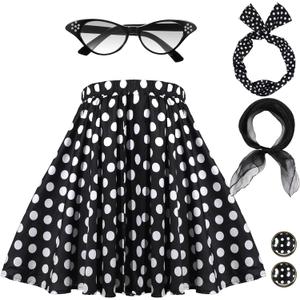 Hicarer 5 Pcs 50s Women Halloween Costume 1950 Poodle Skirt Sock Hop Accessory Outfit Scarf Glasses Bandana Headband Earring (Large, Black Polka)