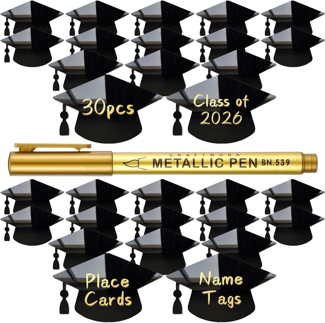 Crtiin 30 Pack 2026 Graduation Place Cards, Mirror Acrylic Graduation Cap Table Cards with Gold Metallic Marker Pen, Reusable Black Name Tags for Grad Party Table Settings