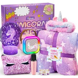 Unicorn Gifts for Girls Age 4 5 6 7 8 9 10, Kids Unicorn Toys with Mini Karaoke Machine/Glowing Blanket/Night Light/Headband/Bracelets, Birthday Graduation Gifts for Daughter Niece