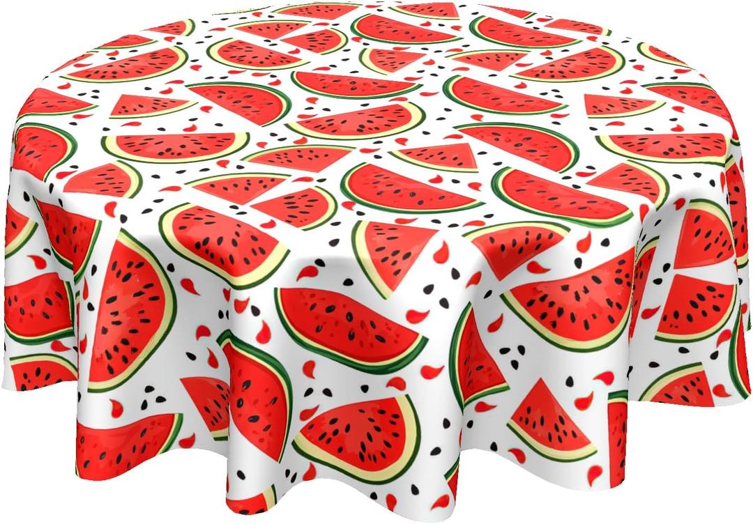 Watermelon Tablecloth Round 60 Inch Summer Fruit Table Cloth Circle Washable Reusable Table Cover Tabletop for Dining Room Kitchen Party Picnic in Polyester Red