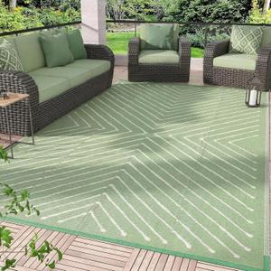 Garvee 8x10 Modern Striped Waterproof Outdoor Rug Reversible, Large Patio Camping Mat for RV, Backyard, Balcony, UV Protected Plastic Straw Outdoor Carpet, GreenWhite
