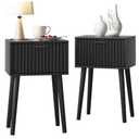 LAATOOREE Nightstands Set of 2, Small Side Table, Bedside Table with Fluted Door, Solid Wood Feet; Modern Mid-Century End Table for Bedroom, Small Space (Black)