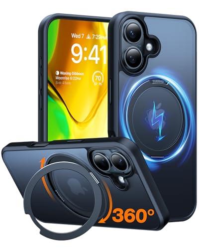 TORRAS 360 Rotatable Magnetic Ring for iPhone 16 Plus Case, Fit for MagSafe with Stand Ring Holder, 16FT Military Grade Shockproof Translucent Back Case for iPhone 16 Plus Phone Case Ostand, Black