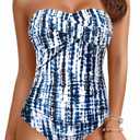 Yonique Womens Strapless One Piece Swimsuit Tummy Control Bandeau Bathing Suits Slimming Twist Front Swimwear (Medium, Blue Tie Dye)