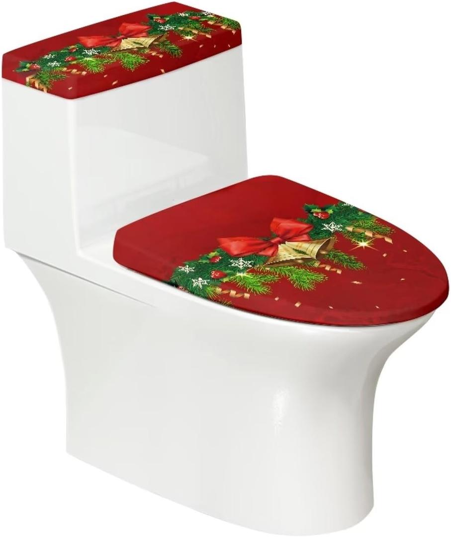 Christmas Toilet Seat Cover Set Elongated Toilet Lid Cover with Xmas Jingle Bell Bathroom Perfect Decoration for Home Portable for Trip Toilet Dust Seat Protective Covers