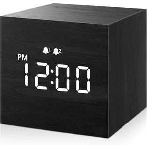 JALL Digital Alarm Clock, with Wooden Electronic LED Time Display, Dual Alarm, 2.5-inch Cubic Small Mini Wood Made Electric Clocks for Bedroom, Bedside, Desk, Black