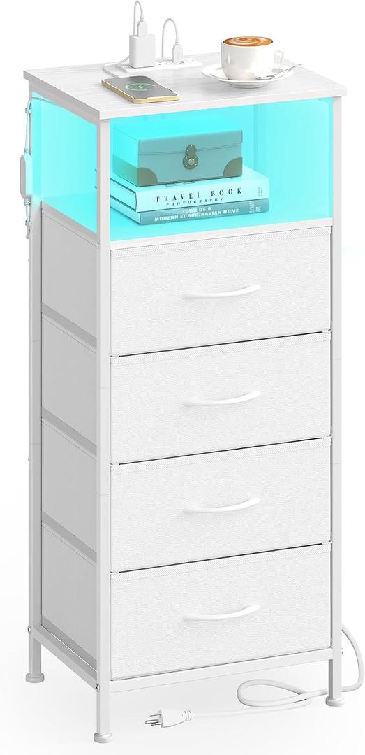 SONGMICS BELLAH Collection - Nightstand with Charging Station and App-Controlled Adjustable LED Lights, Bed Side Table, 4 Drawer and 1 Open Shelf, Bedroom, Cloud White and Snow White ULGS304WH01S