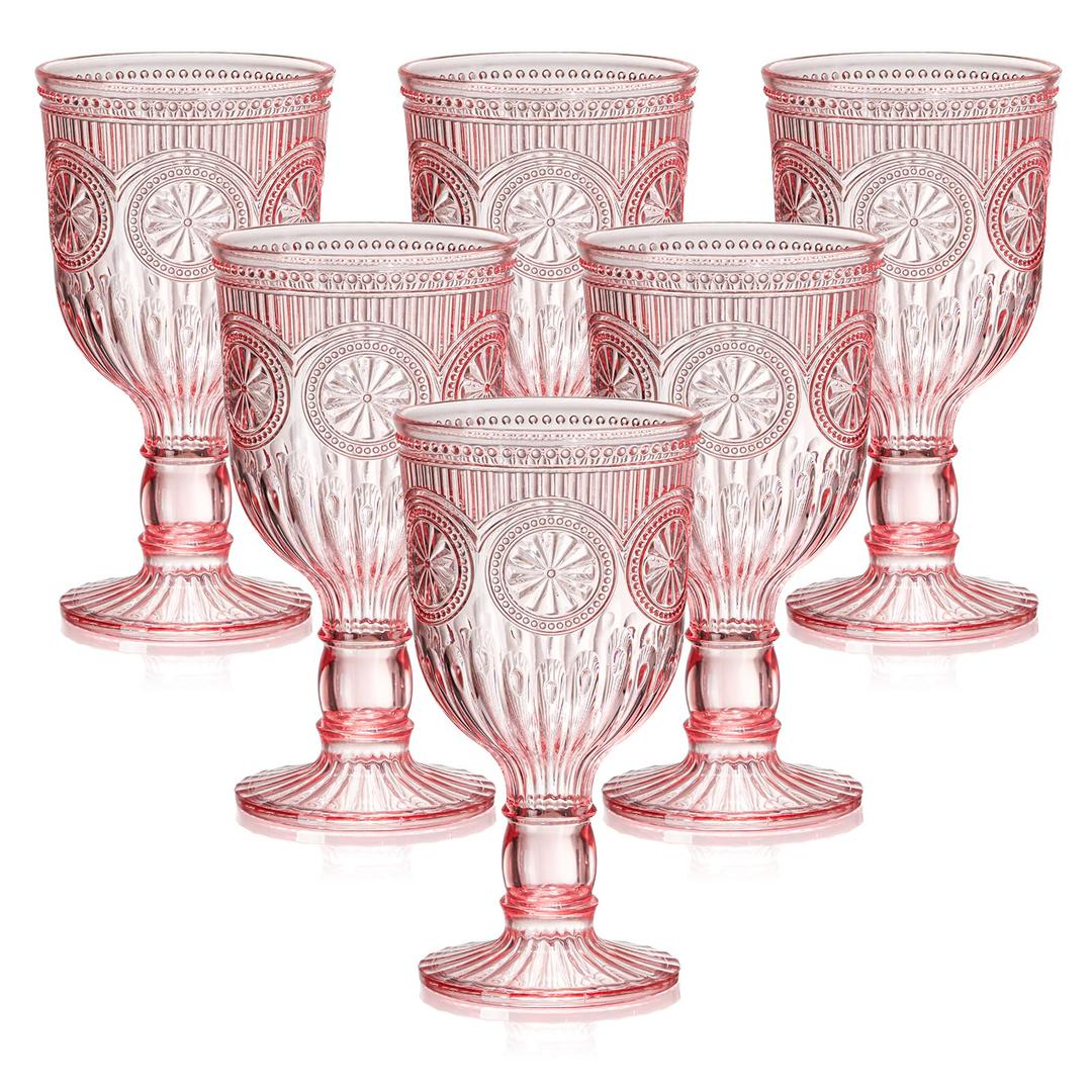 12 Oz Vintage Wine Glasses Goblets Drinking Glasses Sunflower Embossed Glassware Plastic Champagne Flutes Unbreakable Wedding Toasting Glasses Party Wine Cups for Bridal Shower Party (24, Pink)