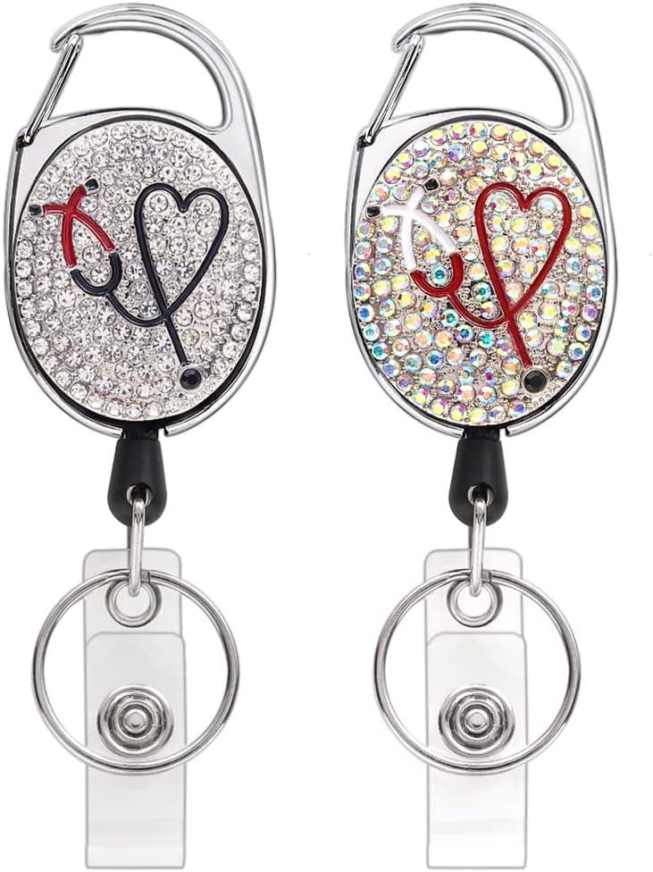 2 Pieces Bling Retractable Nurse Keychain,Cute Shiny Badge Reel Holder for ID Card,Gift for Nurse Students,Doctor (Style-4)