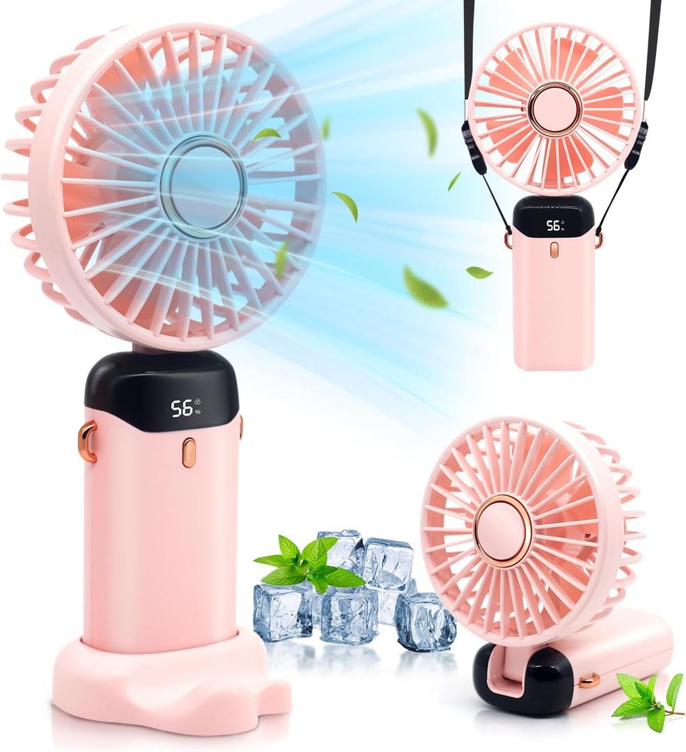Portable Handheld Fan, 4000mAh Battery Operated Hand Fan with LED Display, 90Foldable Hand Held Fan with Base, USB Rechargeable Fan for Outdoor Indoor, Personal Mini Travel Fan for Women