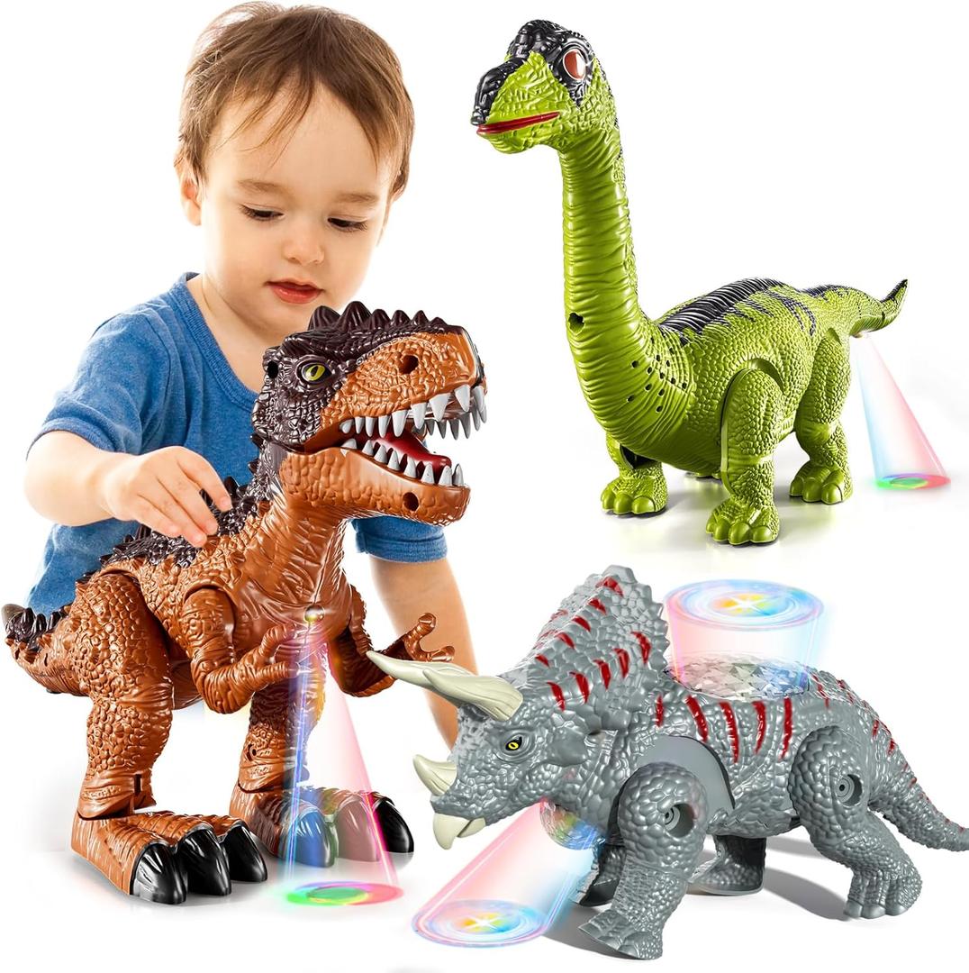 3 Pack Walking Dinosaur Toys for Kids 3-5 5-7 Years Old, Simulated Tyrannosaurus Brachiosaurus Triceratops with Sound & Light, Birthday Gifts Dino Toy for Toddlers Boys Girls 3 4 5 6 7 8 Years