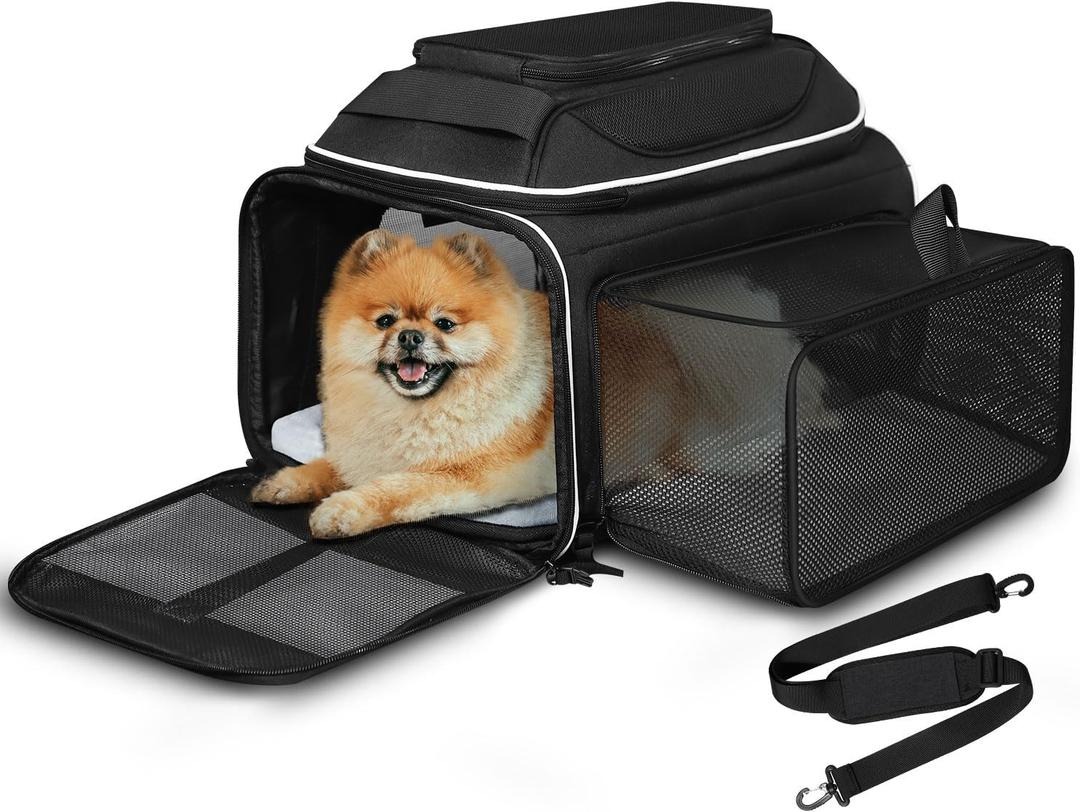 Petskd Top and Side Expandable Pet Carrier 17x11x9.5 Inches Alaska Airline Approved, Soft-Sided Carrier for Small Cats and Dogs with Locking Safety Zippers and Anti-Scratch Mesh (Black)