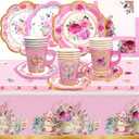WorldBazaar Tea Party Disposable Tableware Set Pink Tea Party Supplies 12 Sets Floral Paper Tea Cups and Saucers Plates Napkins Tablecloth Pink Birthday Mothers Day Decorations Women Girls Adults