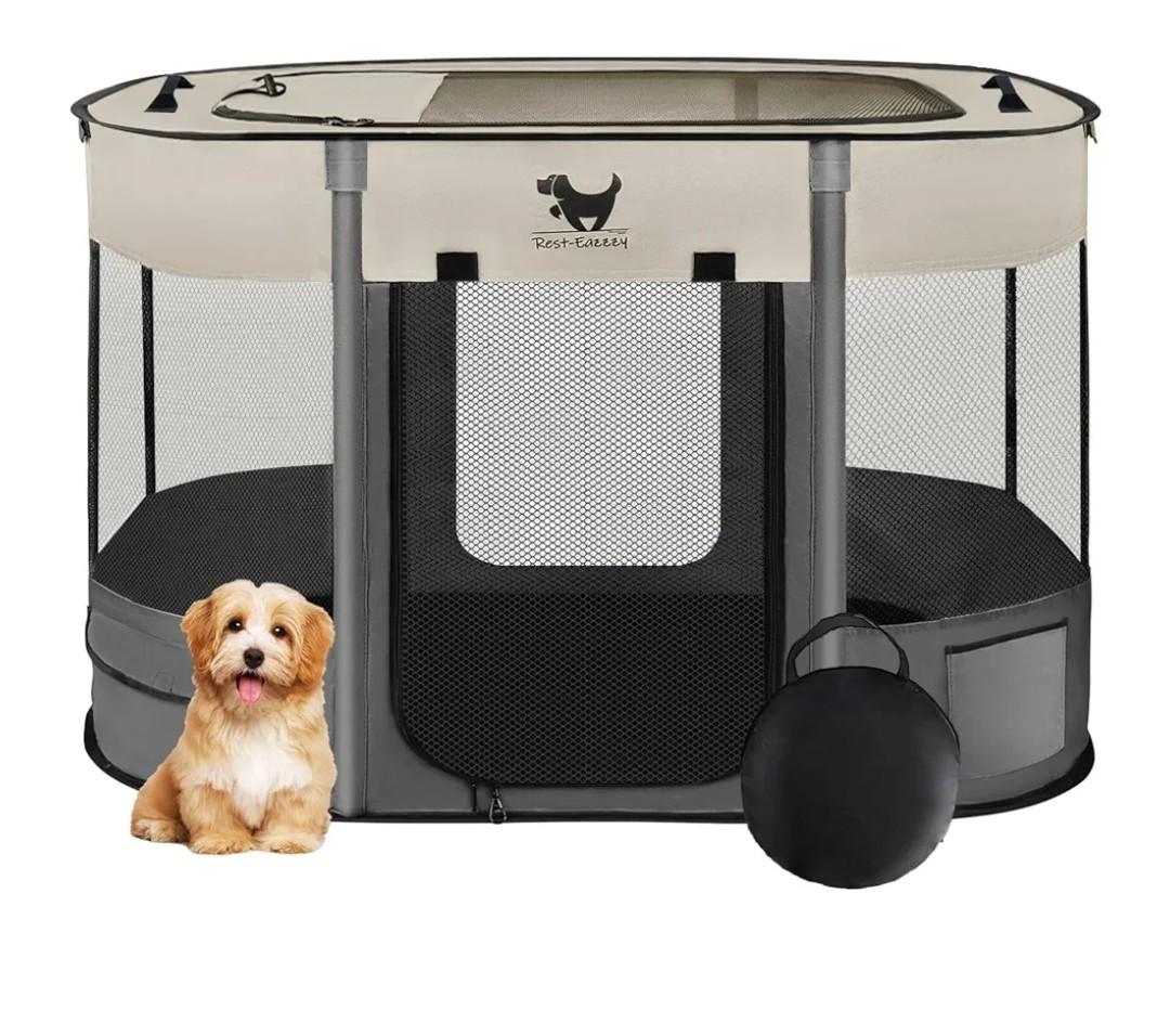 Rest-Eazzzy Dog Playpen, Foldable Kitten Playpen for Medium Dogs, Portable Pet Puppy Playpen with Removable Shade Cover, Indoor Outdoor Travel Camping Use for Small Pets with Carrying Case (M Grey)