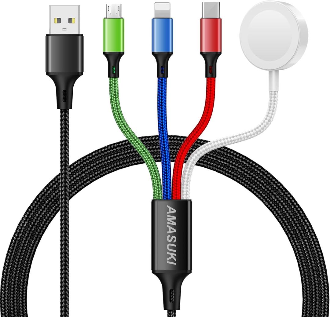 Travel Essentials,4 in 1 for Apple Watch Charger/iPhone Charger/Multi Charging Cable,2026 Cruise Vacation Essentials,USB C/L/Micro Portable Charger for iWatch 11-1/iPhone 17-12,Car,eBook Reader-4FT