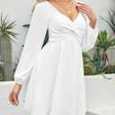 Florboom Women's Sweetheart Knot Front Dress Lantern Long Sleeve Smocked Back A-Line Chiffon Mini Dresses (White, XL)