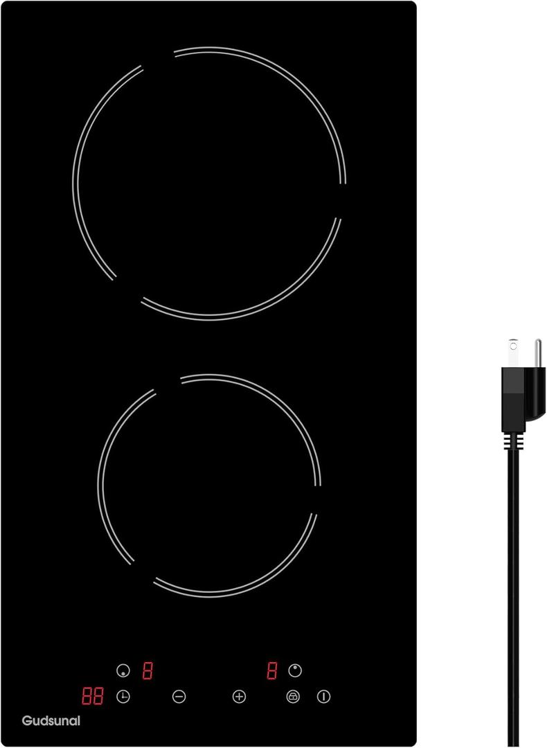 2 Burner Electric Cooktop, 2000 Watt, 110V with Plug | 12 Inch Touch Control Electric Stove Top for Countertop & Built-in Use | Timer, Child Lock, Hot Surface Indicator Included,Matte Black