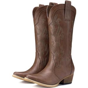 HISEA Rollda Cowboy Boots for Women, Cowgirl Boots, Comfortable Western Boots with Pointed Toe Stitched Embroidery for Country Concert Dancing Wedding Traveling Daily Outfits (Brown,8.5)