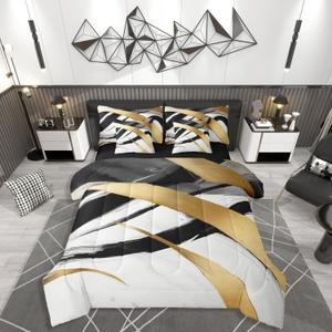 jejeloiu Black White Gold Comforter Set 7 Pieces King Size Kids Abstract Line Bedding Set for Boys Girls Teens Modern Geometric Bed in a Bag Soft Lightweight Microfiber Room Decor