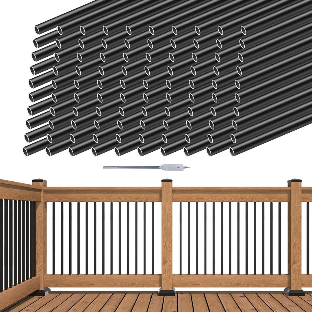 Muzata 100Pack 32" Aluminum Deck Balusters Round Black Deck Railing Stair Porch Staircase Spindles 3/4" Diameter Hollow for Railing Fencing Porch Stair WT15
