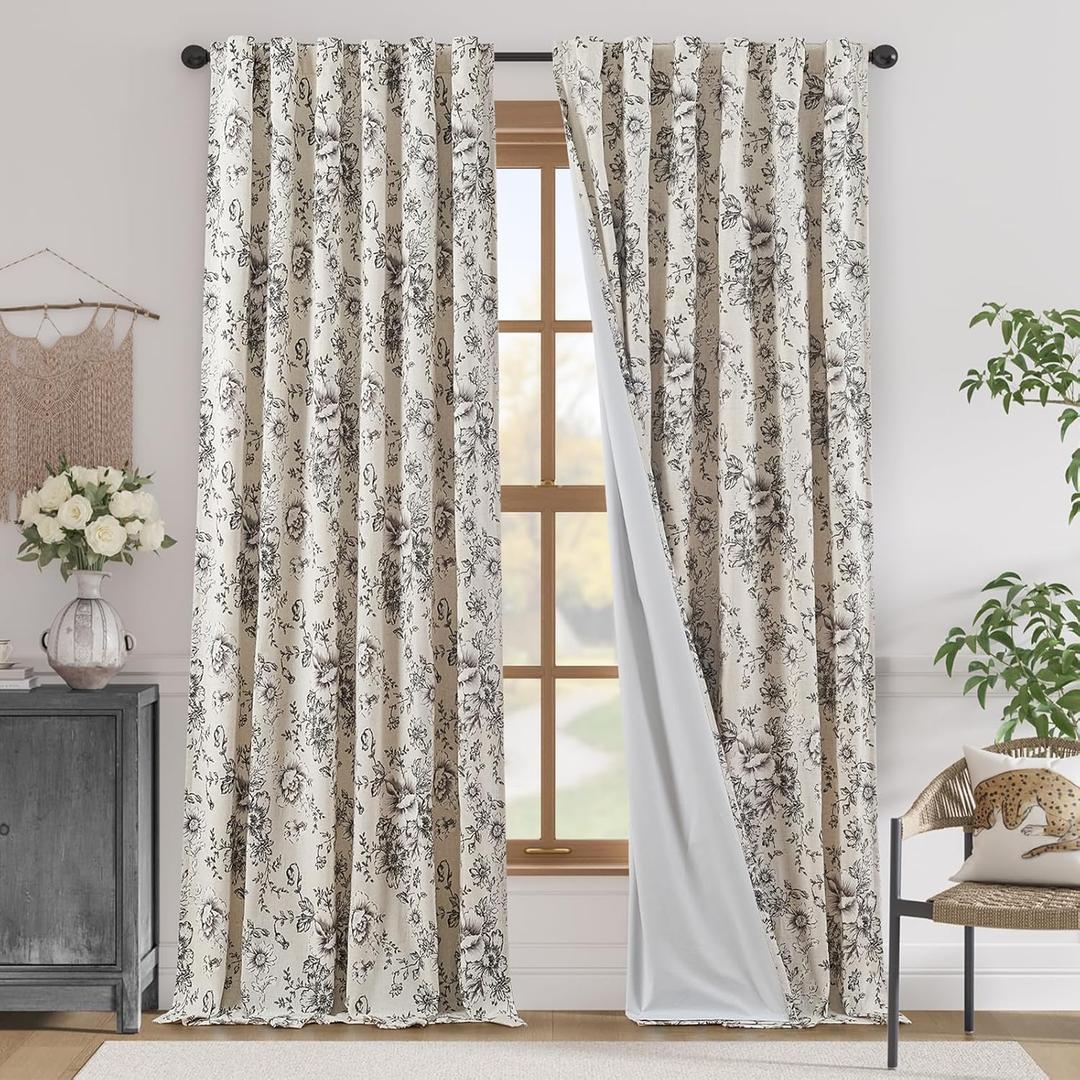 jinchan Lined Linen Blend Curtain Floral Curtains for Living Room 96 Inches Long Black Peony Flower Printed Curtain Back Tab Farmhouse Patterned Drapes Bedroom Window Curtains Set 2 Panels