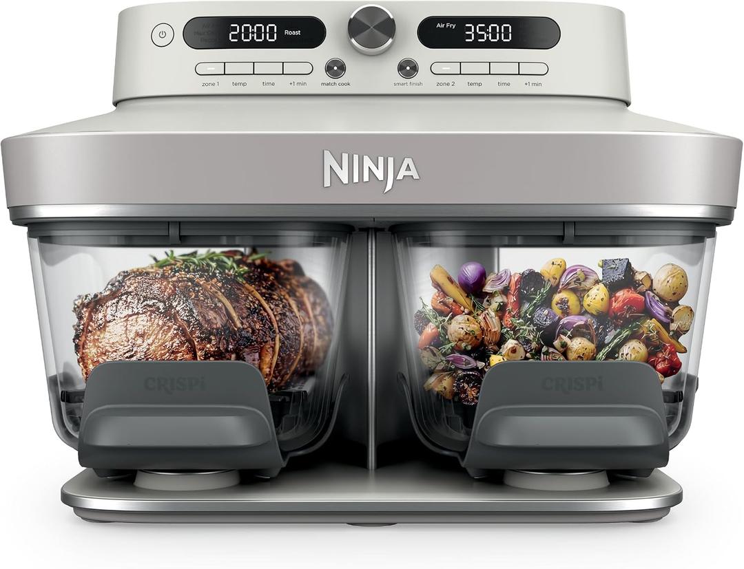 Ninja Crispi DualZone 6-in-1 Glass Air Fryer | With Nontoxic, 2x 4qt Containers & Lids | Microwave, Freezer, Dishwasher Safe | 450F Max Temp | 1785 Watt | Bone | DD101IV2